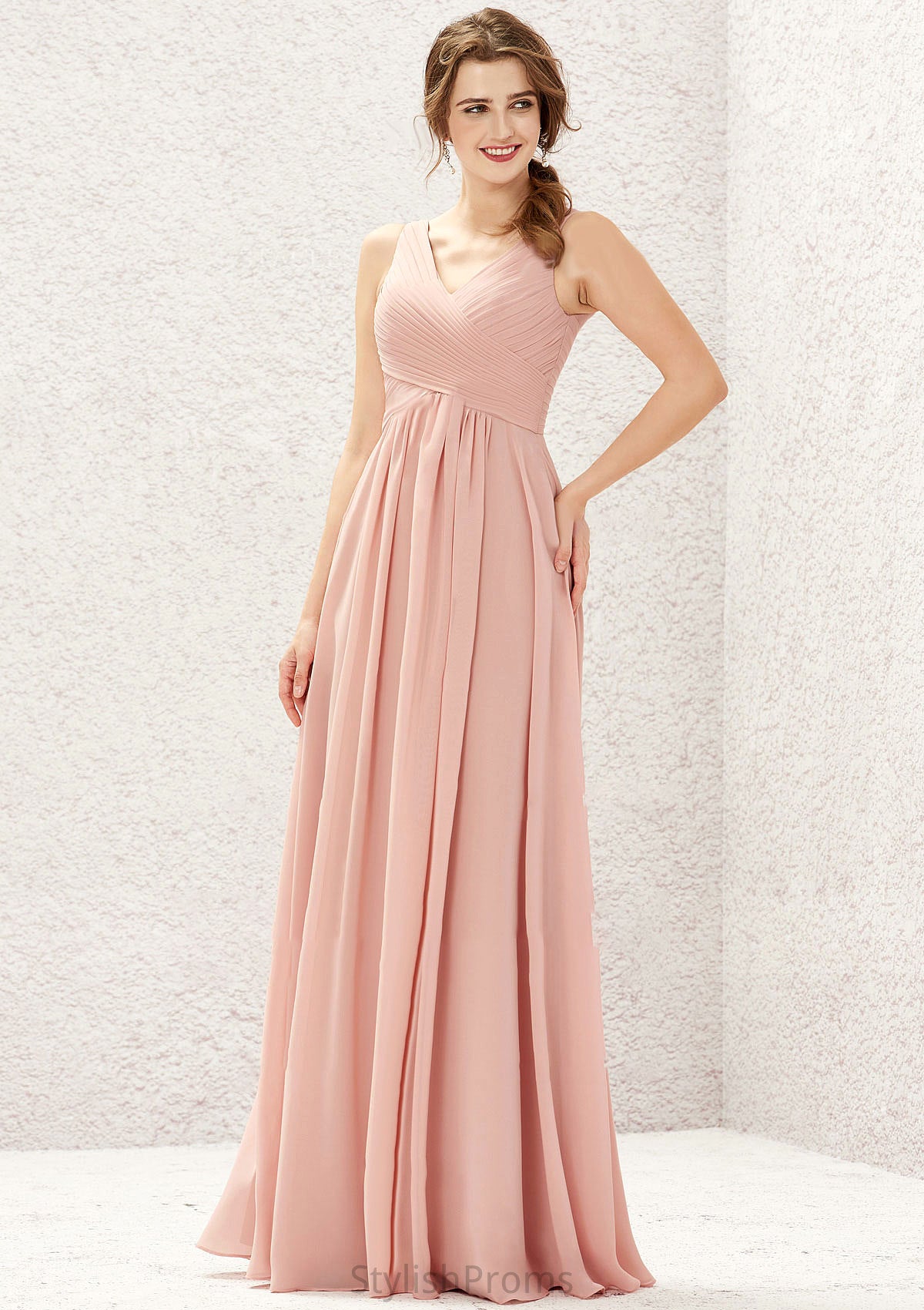 A-line V Neck Sleeveless Chiffon Long/Floor-Length Bridesmaid Dresses With Pleated Natalya HQP0025632