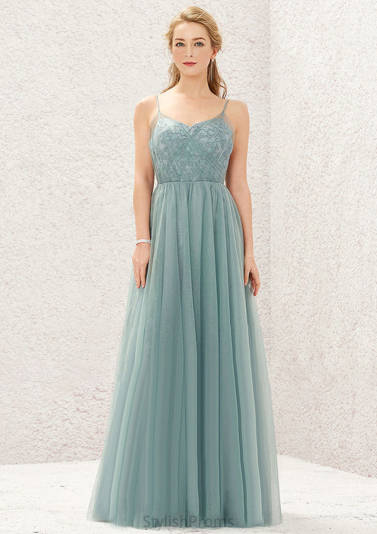 Princess A-line V Neck Sleeveless Tulle Long/Floor-Length Bridesmaid Dresses With Pleated Appliqued Amelia HQP0025633