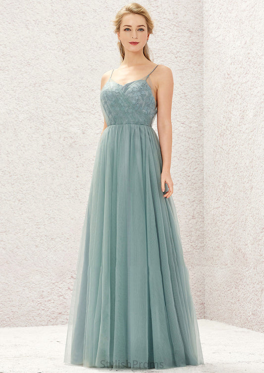 Princess A-line V Neck Sleeveless Tulle Long/Floor-Length Bridesmaid Dresses With Pleated Appliqued Amelia HQP0025633