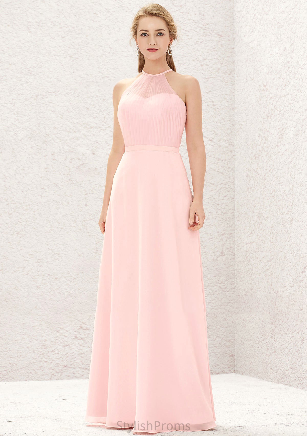 A-line Halter Sleeveless Chiffon Long/Floor-Length Bridesmaid Dresses Joy HQP0025635