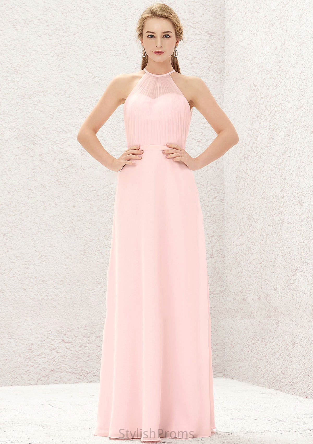 A-line Halter Sleeveless Chiffon Long/Floor-Length Bridesmaid Dresses Joy HQP0025635