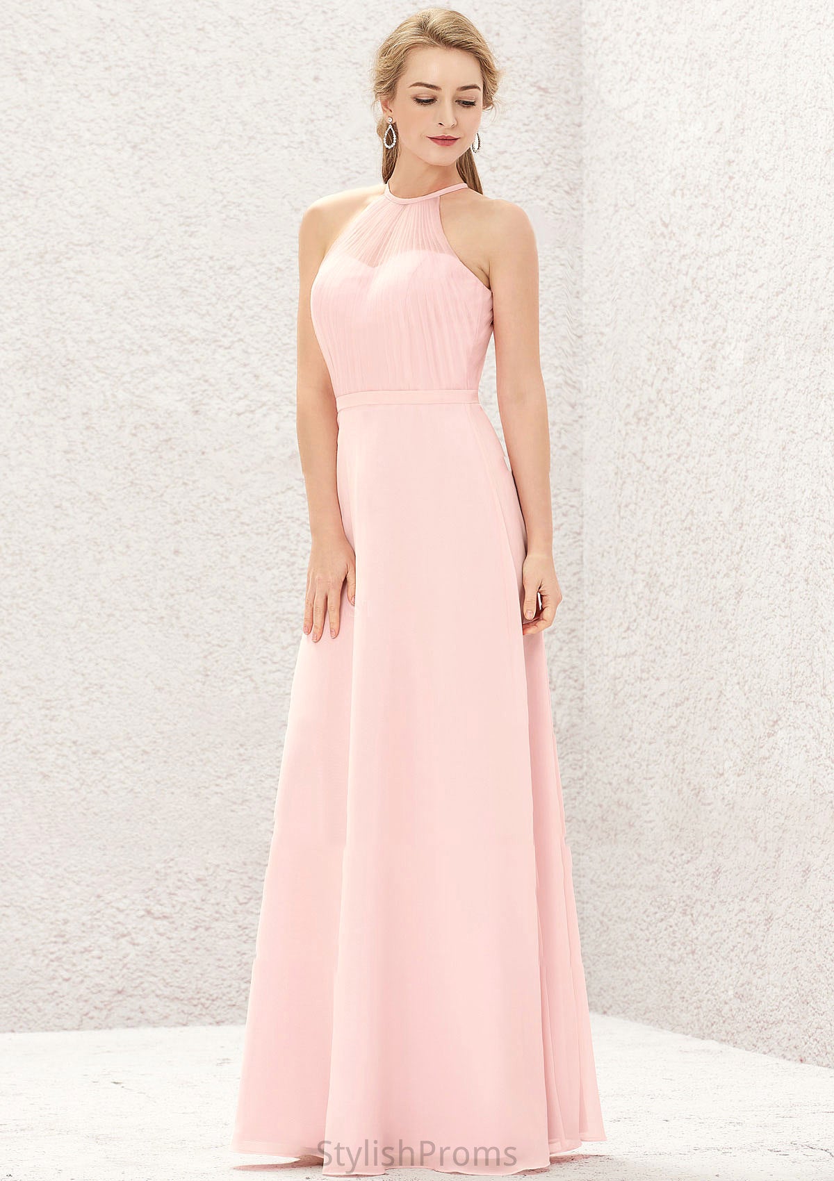 A-line Halter Sleeveless Chiffon Long/Floor-Length Bridesmaid Dresses Joy HQP0025635