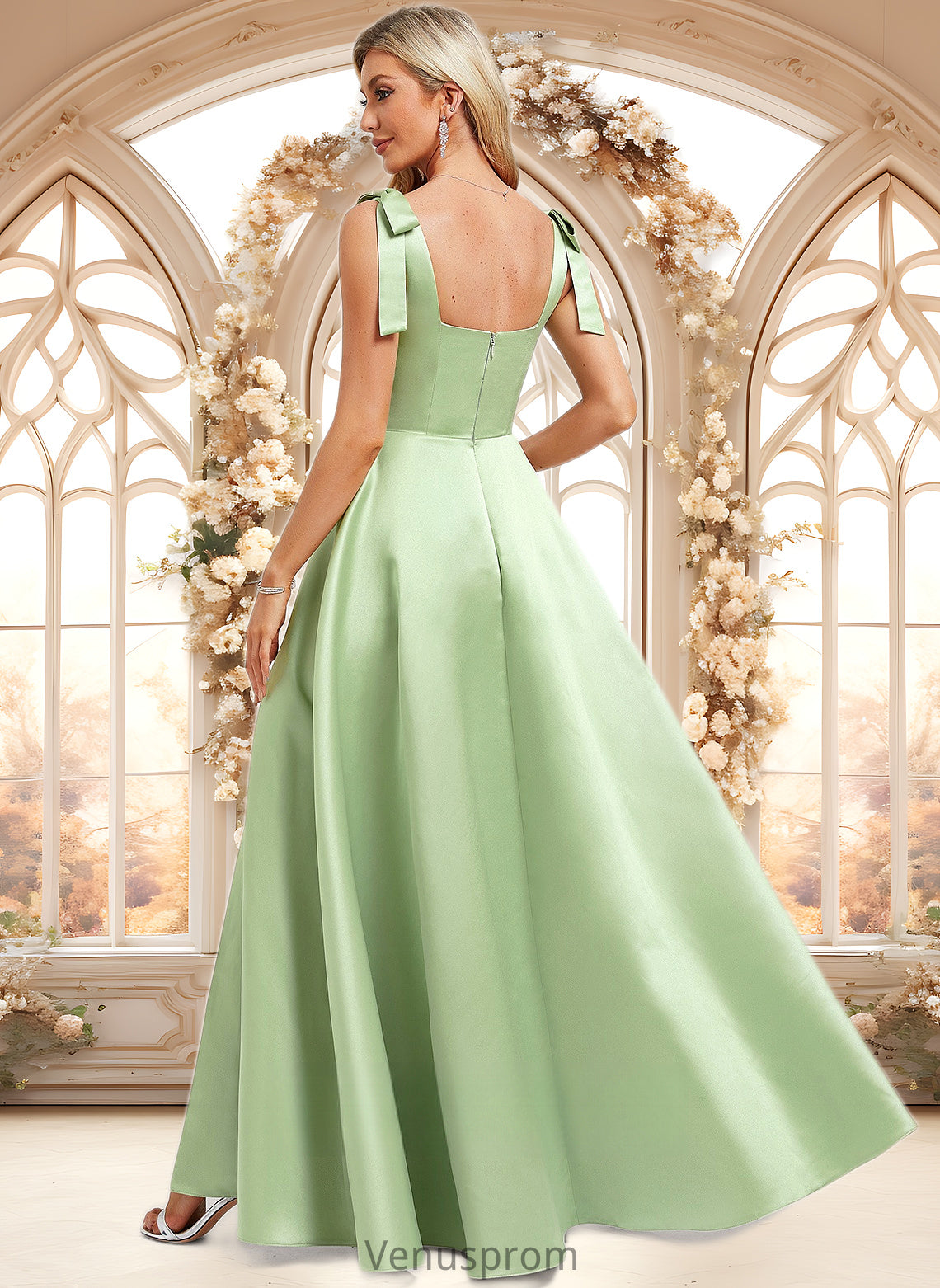 Aileen A-line Square Floor-Length Satin Bridesmaid Dress With Bow HQP0025778