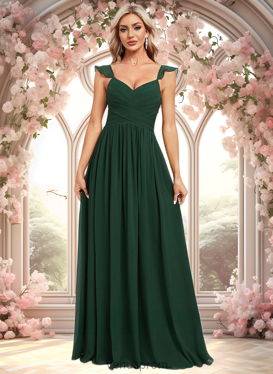 Jade A-line V-Neck Floor-Length Chiffon Bridesmaid Dress With Ruffle HQP0025811