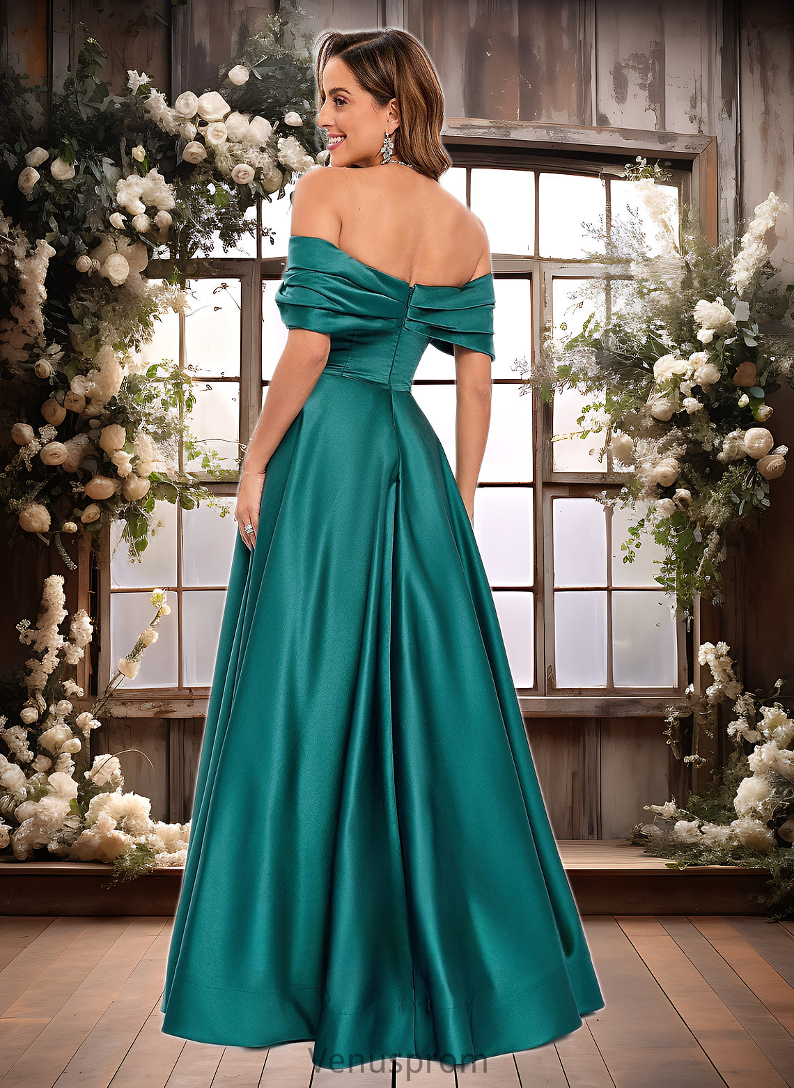 Cheryl A-line Off the Shoulder Floor-Length Satin Prom Dresses With Pleated HQP0025851