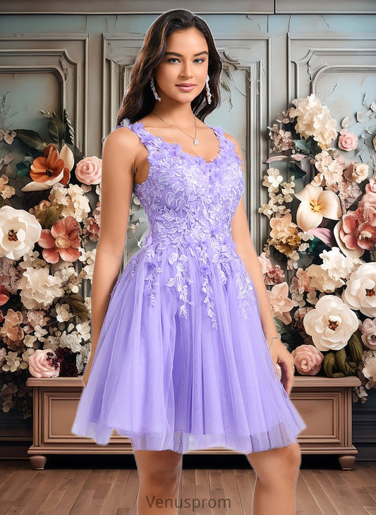 Sanai Ball-Gown/Princess V-Neck Short Lace Tulle Homecoming Dress With Flower HQP0025656