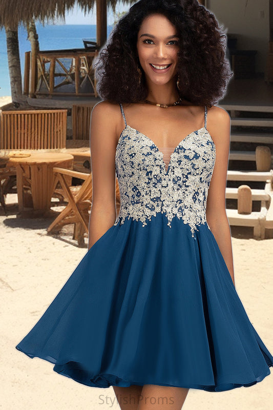 Rosemary A-line V-Neck Short/Mini Chiffon Lace Homecoming Dress With Beading HQP0020572