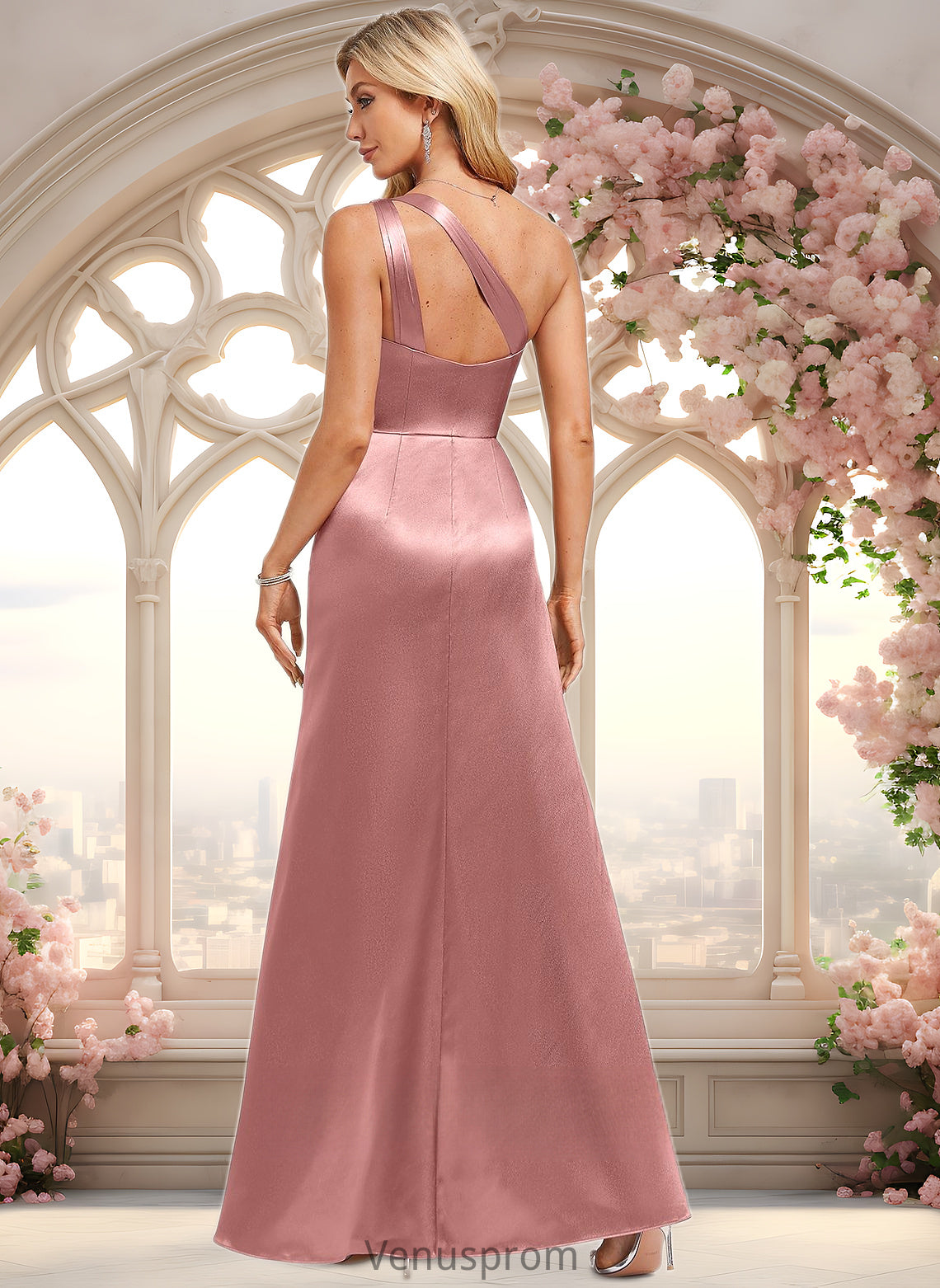 Marianna A-line One Shoulder Floor-Length Stretch Satin Bridesmaid Dress With Ruffle HQP0025768