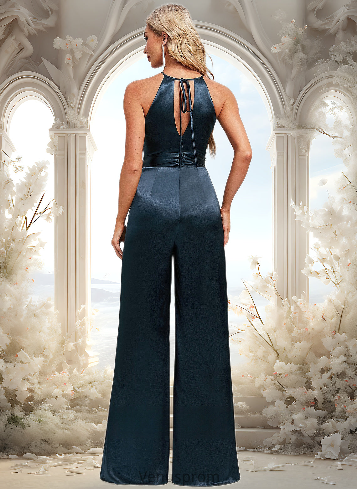 Pam Jumpsuit/Pantsuit Halter Floor-Length Stretch Satin Bridesmaid Dress HQP0025805