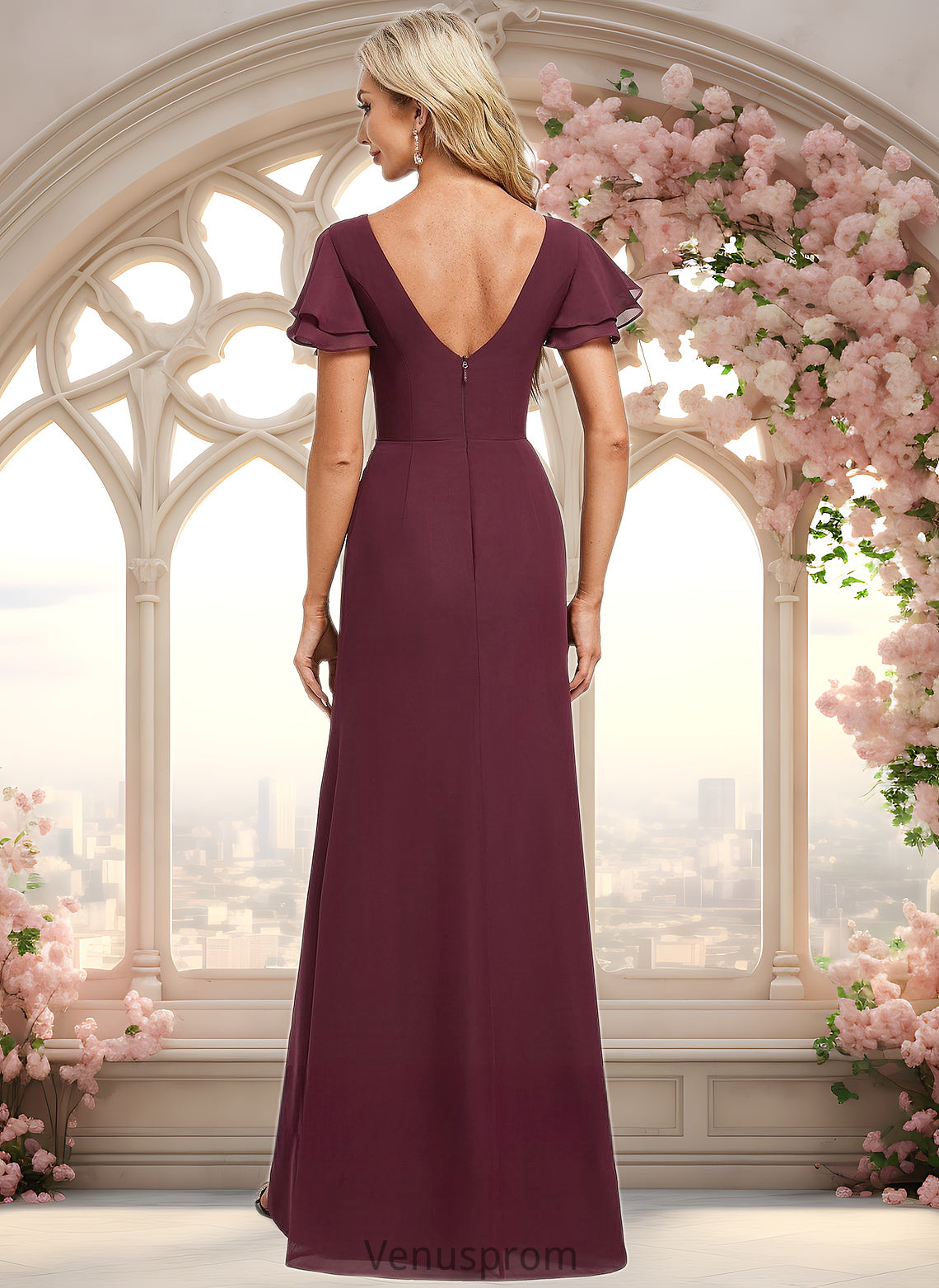 Eva A-line Boat Neck Floor-Length Chiffon Bridesmaid Dress With Ruffle HQP0025827