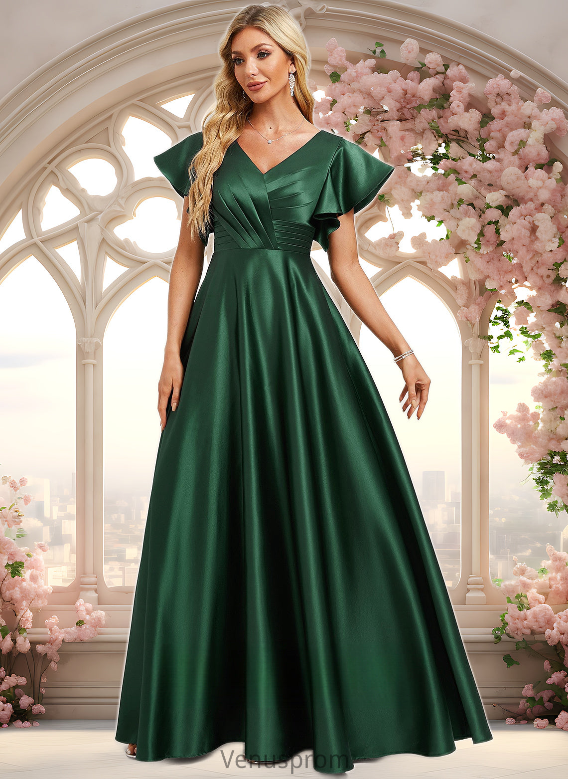 Sarai A-line V-Neck Floor-Length Satin Bridesmaid Dress With Ruffle HQP0025777