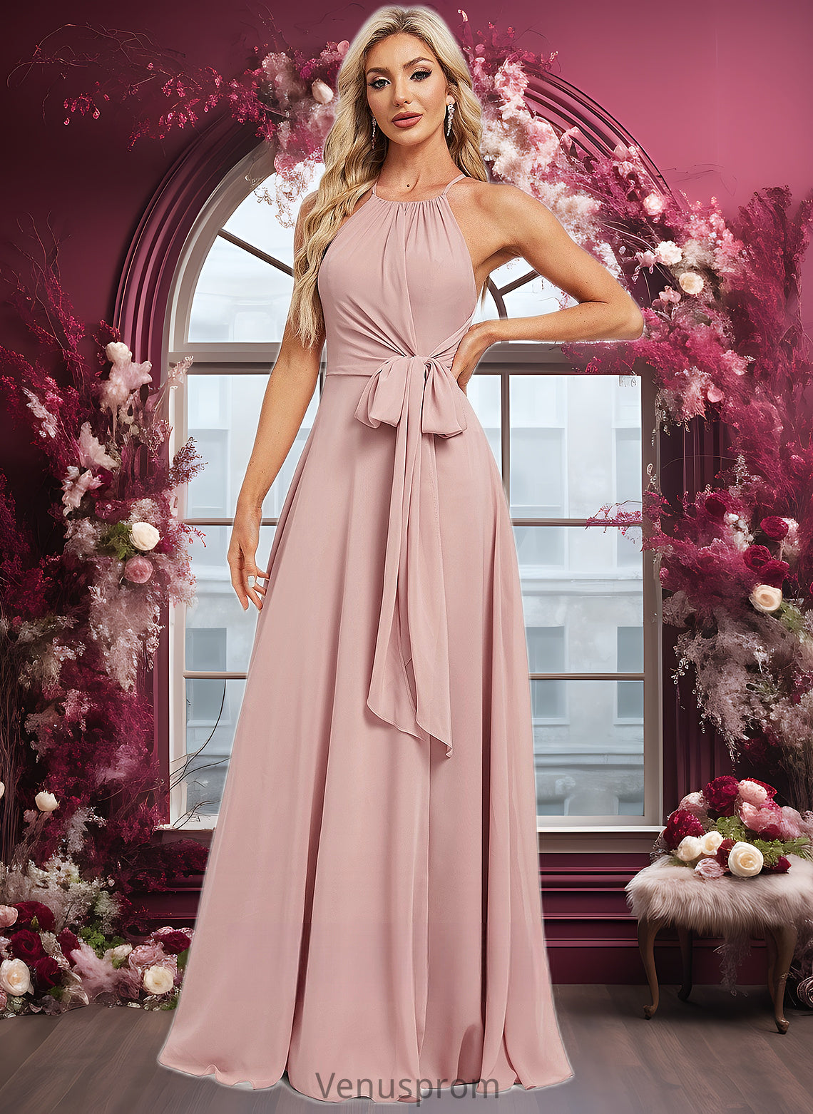 Dominique A-line Halter Floor-Length Chiffon Bridesmaid Dress HQP0025821