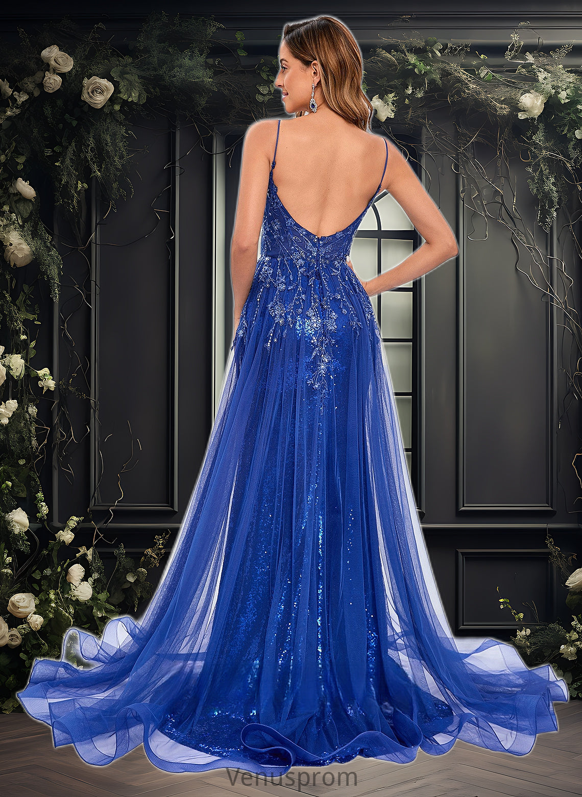 Noemi Trumpet/Mermaid Straight Sweep Train Tulle Sequin Prom Dresses With Sequins Appliques Lace HQP0025857