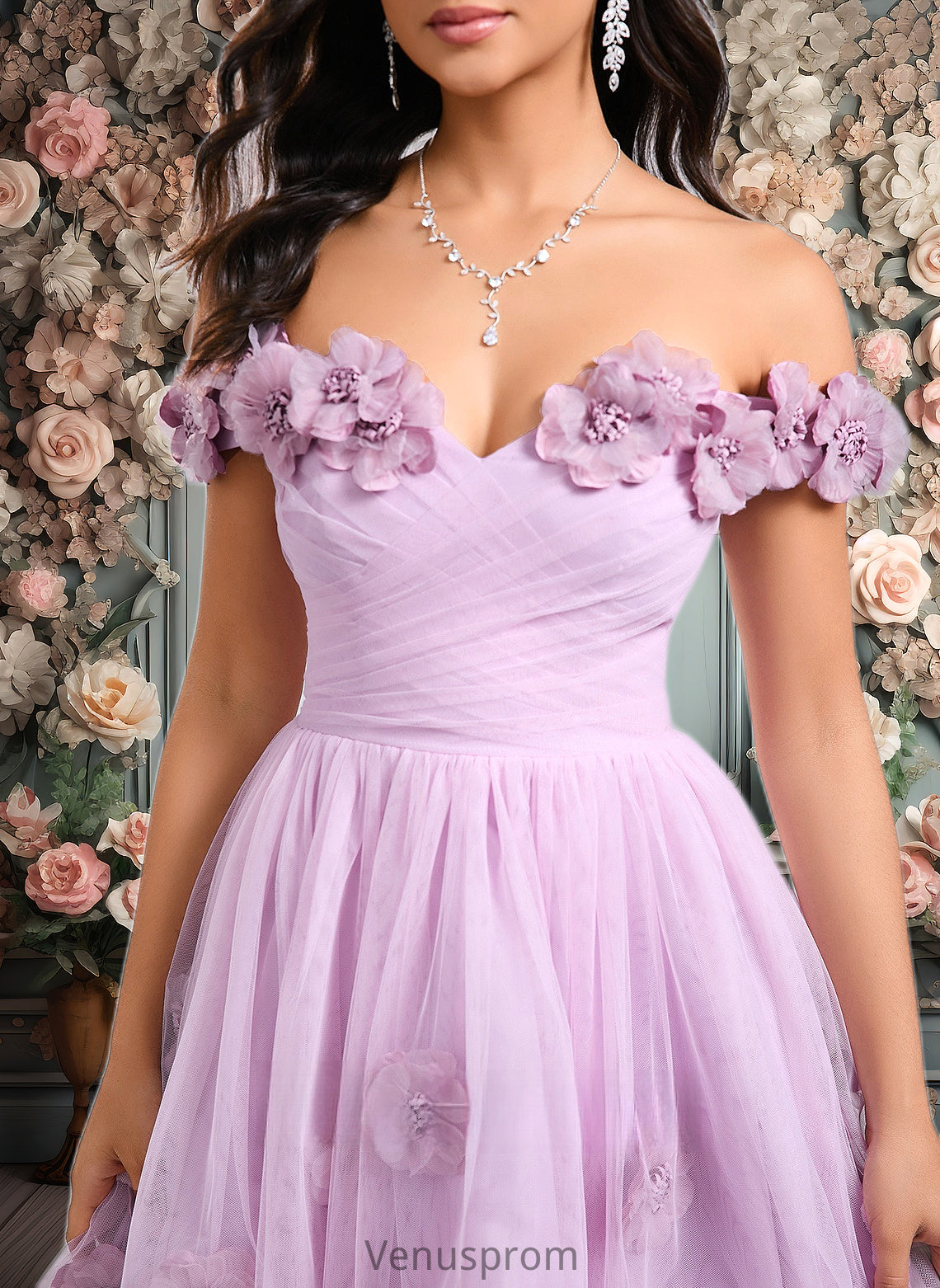 Adrienne Ball-Gown/Princess Off the Shoulder Short Tulle Homecoming Dress With Pleated Flower HQP0025668