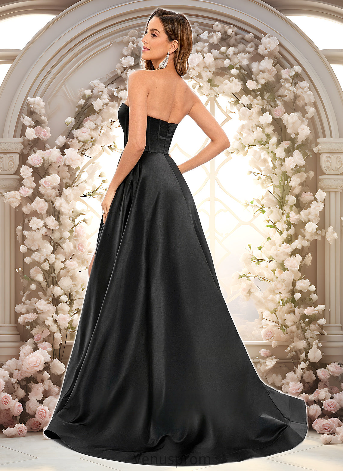 Tiana A-line V-Neck Sweep Train Satin Prom Dresses HQP0025842