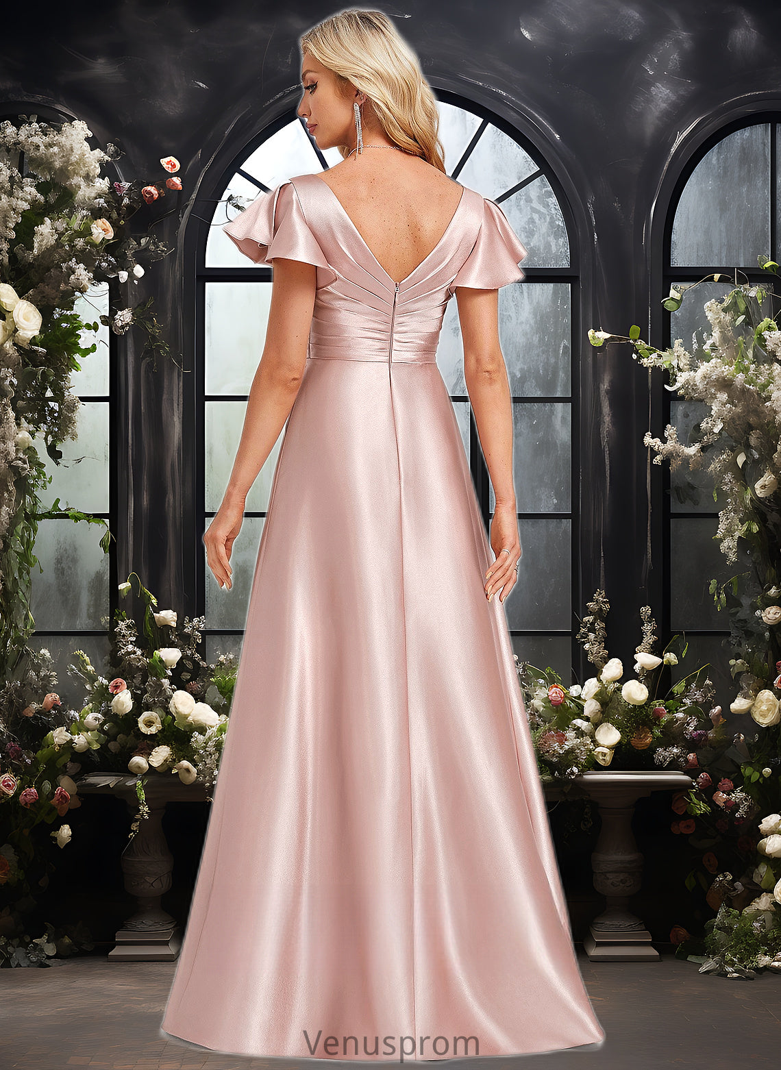 Jenna A-line V-Neck Floor-Length Stretch Satin Bridesmaid Dress With Ruffle HQP0025787