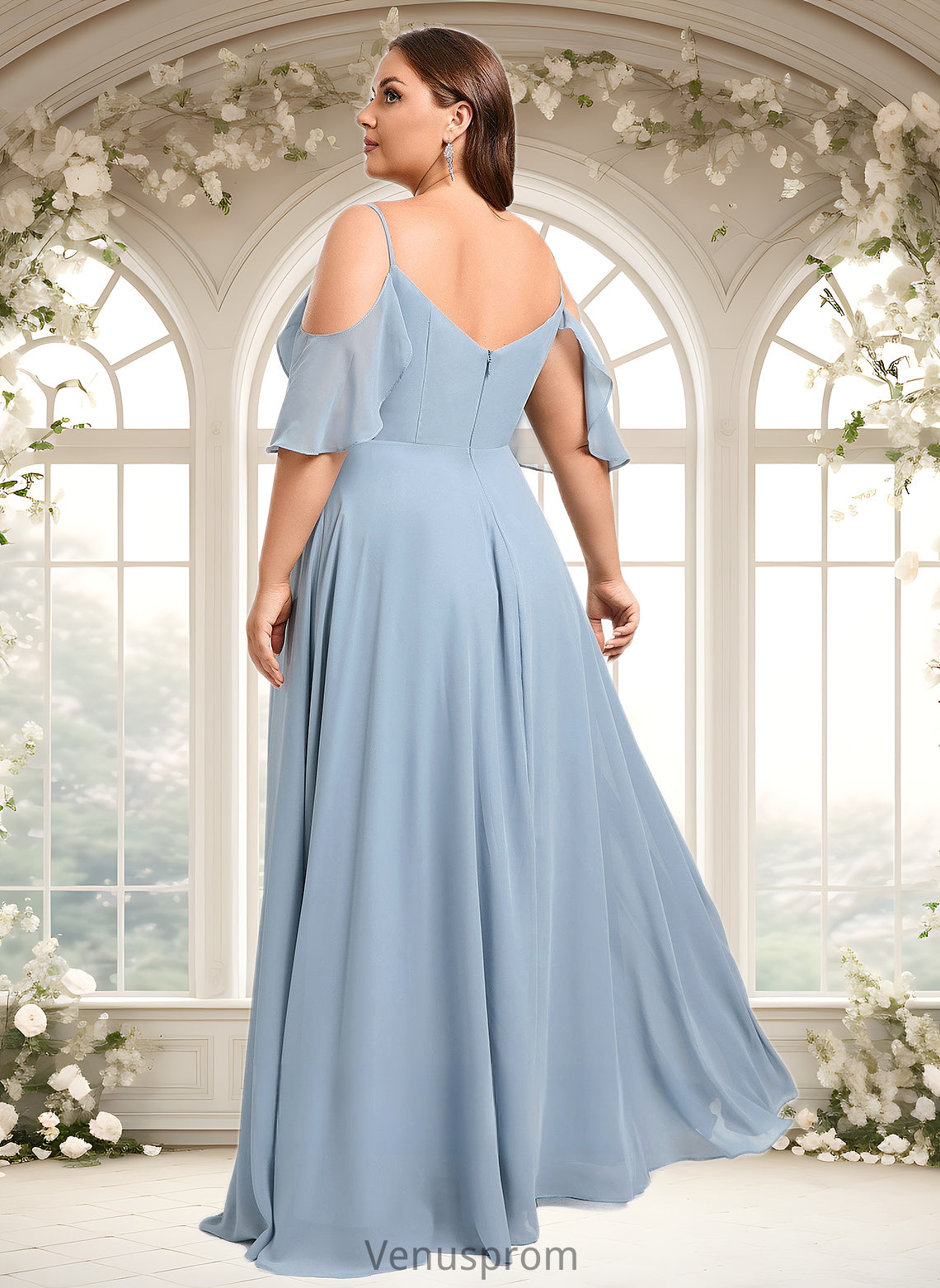 Kitty A-line Cold Shoulder Floor-Length Chiffon Bridesmaid Dress With Ruffle HQP0025797