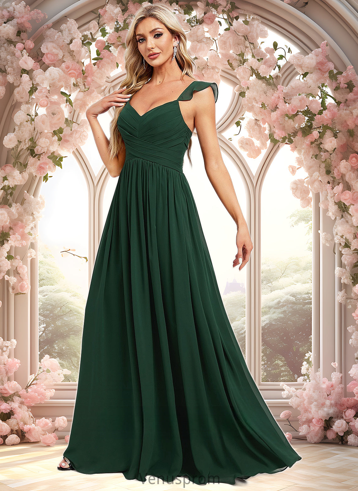 Jade A-line V-Neck Floor-Length Chiffon Bridesmaid Dress With Ruffle HQP0025811