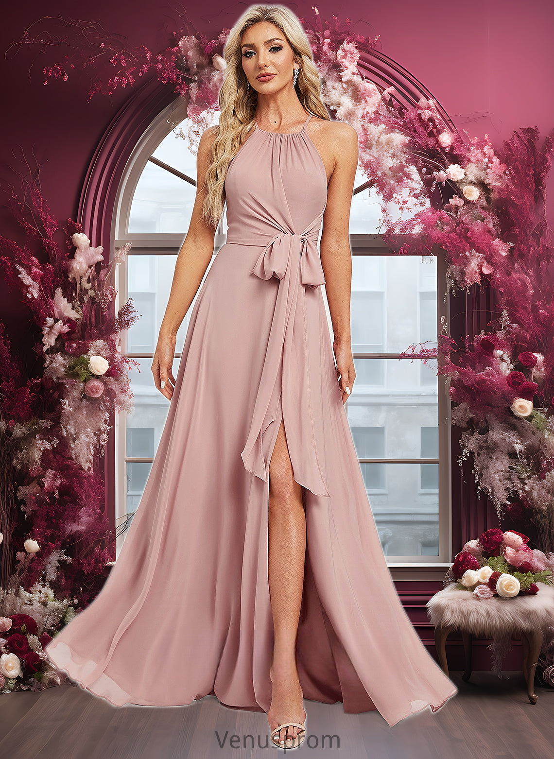 Dominique A-line Halter Floor-Length Chiffon Bridesmaid Dress HQP0025821