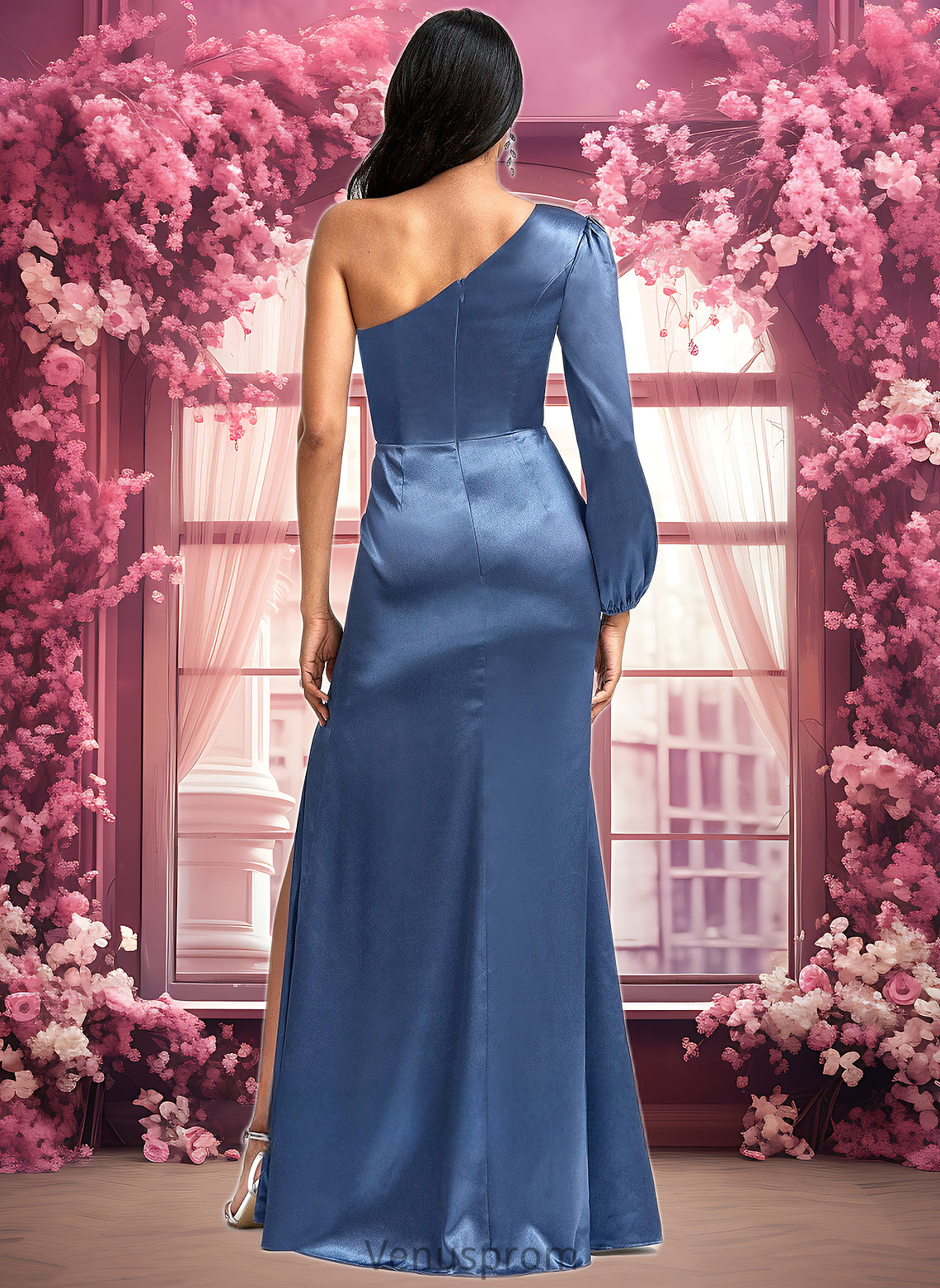 Francesca A-line One Shoulder Floor-Length Stretch Satin Bridesmaid Dress With Bow HQP0025730