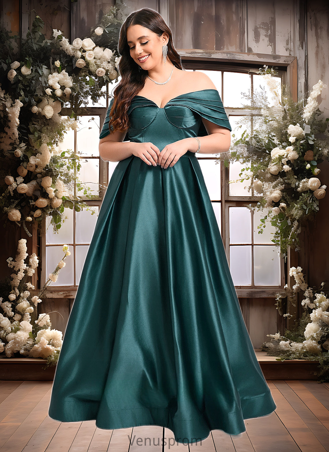 Cheryl A-line Off the Shoulder Floor-Length Satin Prom Dresses With Pleated HQP0025851