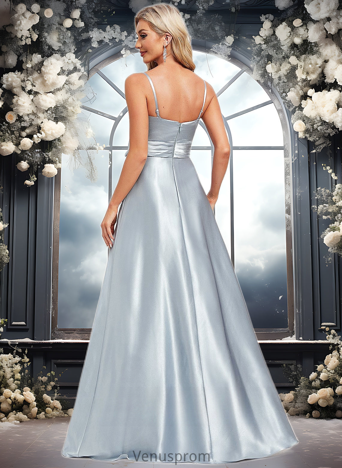 Trinity A-line V-Neck Floor-Length Stretch Satin Bridesmaid Dress HQP0025795