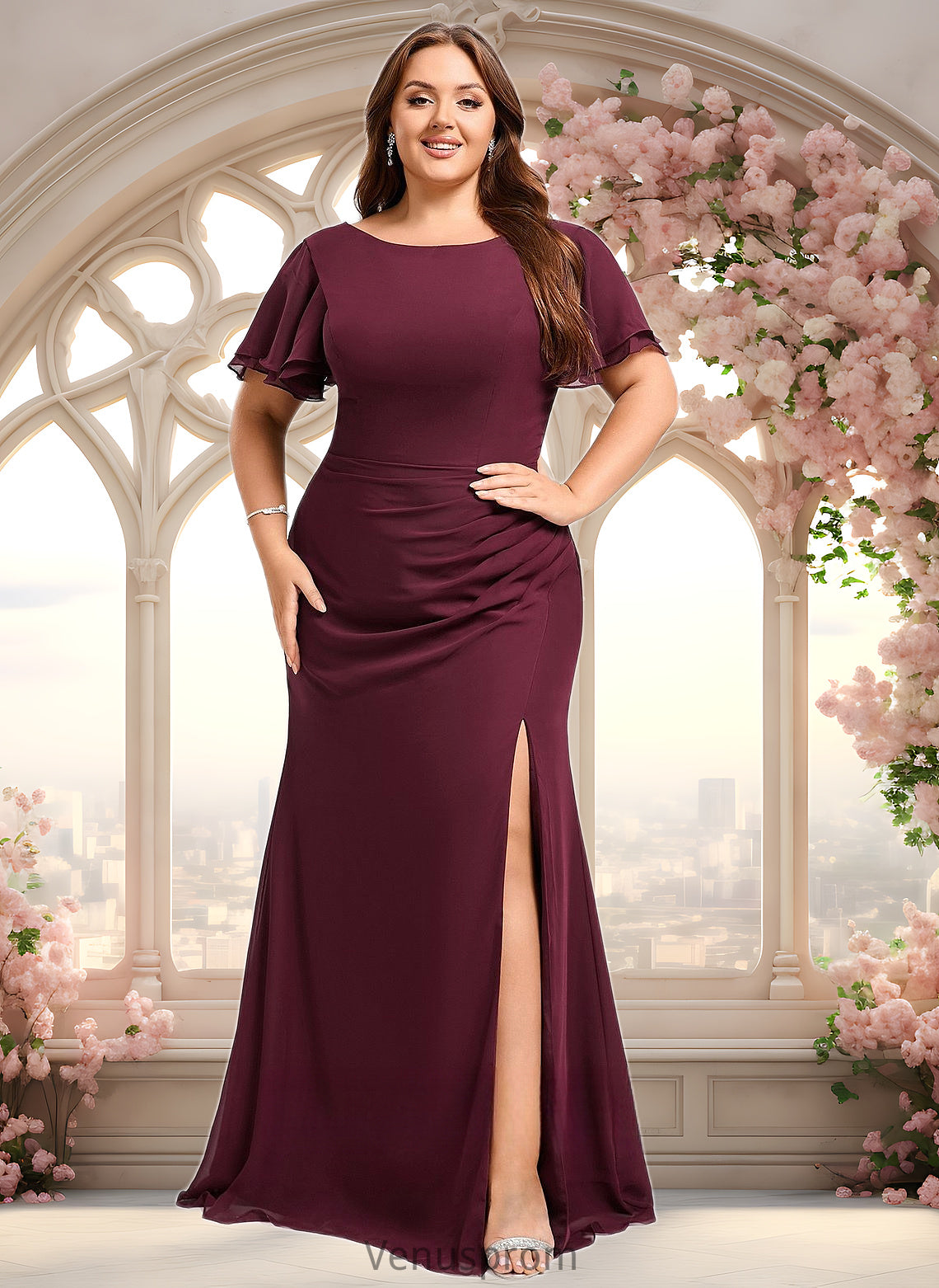 Eva A-line Boat Neck Floor-Length Chiffon Bridesmaid Dress With Ruffle HQP0025827