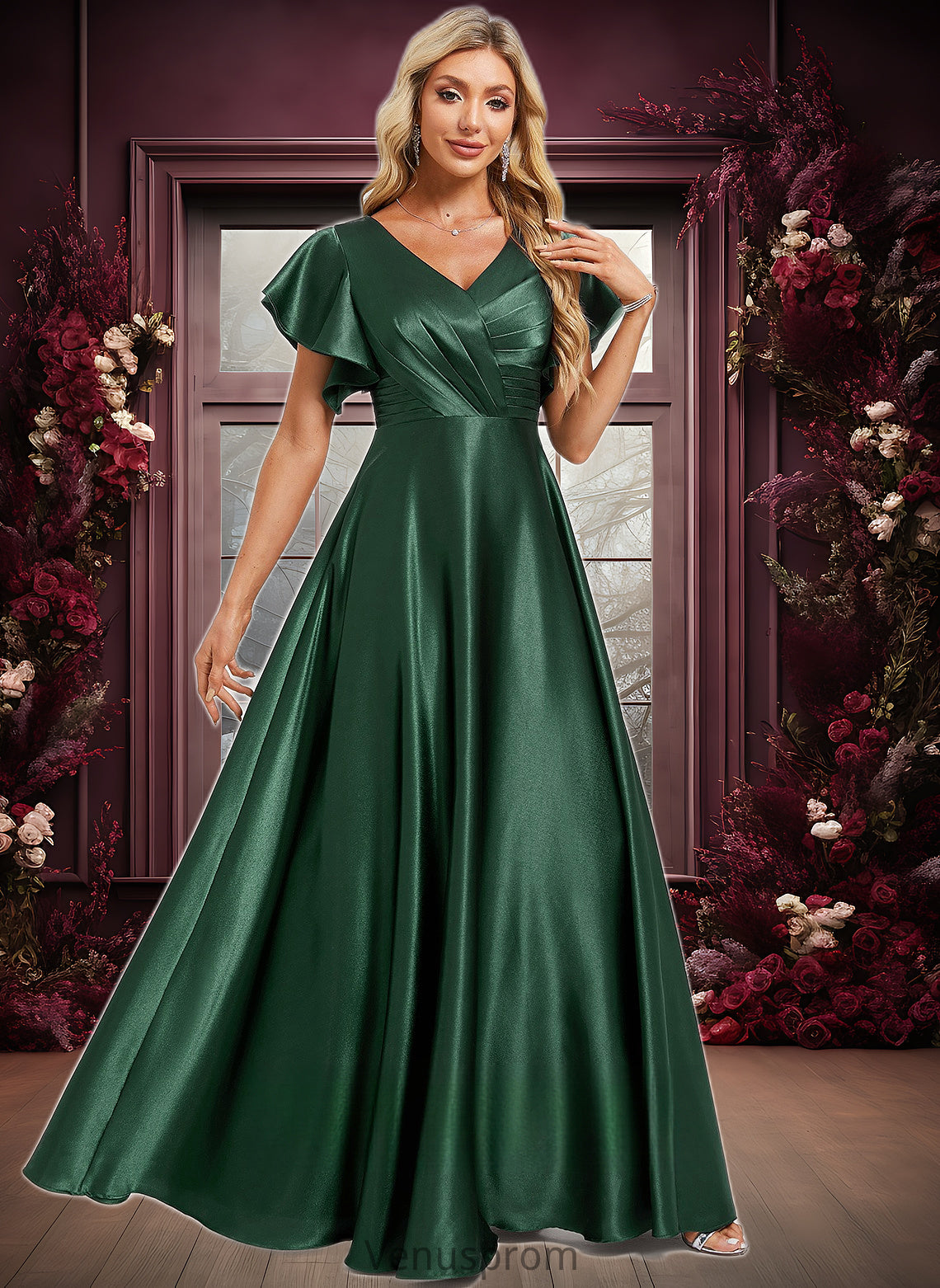 Reagan A-line V-Neck Floor-Length Stretch Satin Bridesmaid Dress With Ruffle HQP0025773