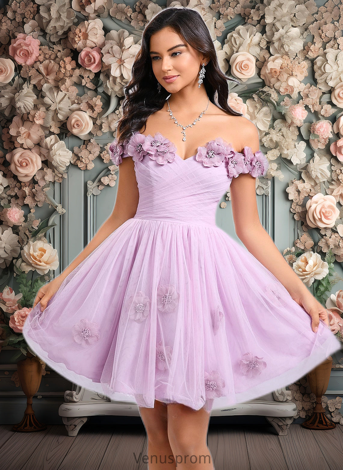 Adrienne Ball-Gown/Princess Off the Shoulder Short Tulle Homecoming Dress With Pleated Flower HQP0025668