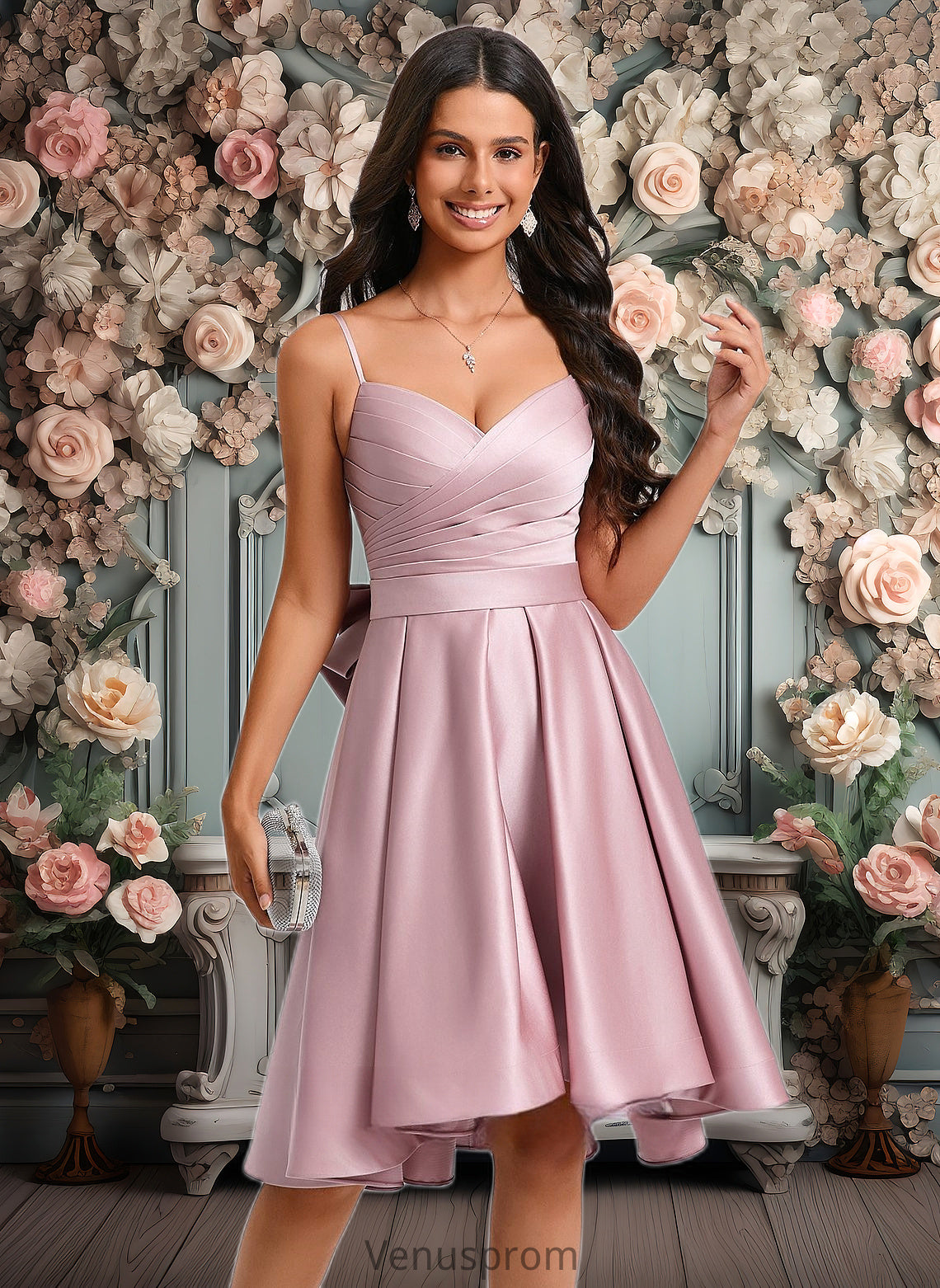 Charlotte A-line V-Neck Asymmetrical Satin Homecoming Dress With Bow Pleated HQP0025699