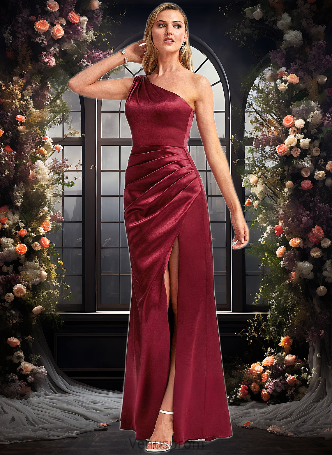 Kenya A-line One Shoulder Floor-Length Stretch Satin Bridesmaid Dress With Bow HQP0025758