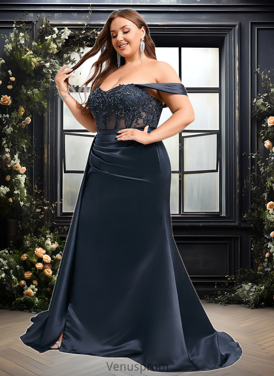 Jayla Trumpet/Mermaid Off the Shoulder Sweep Train Satin Prom Dresses With Sequins Appliques Lace HQP0025835