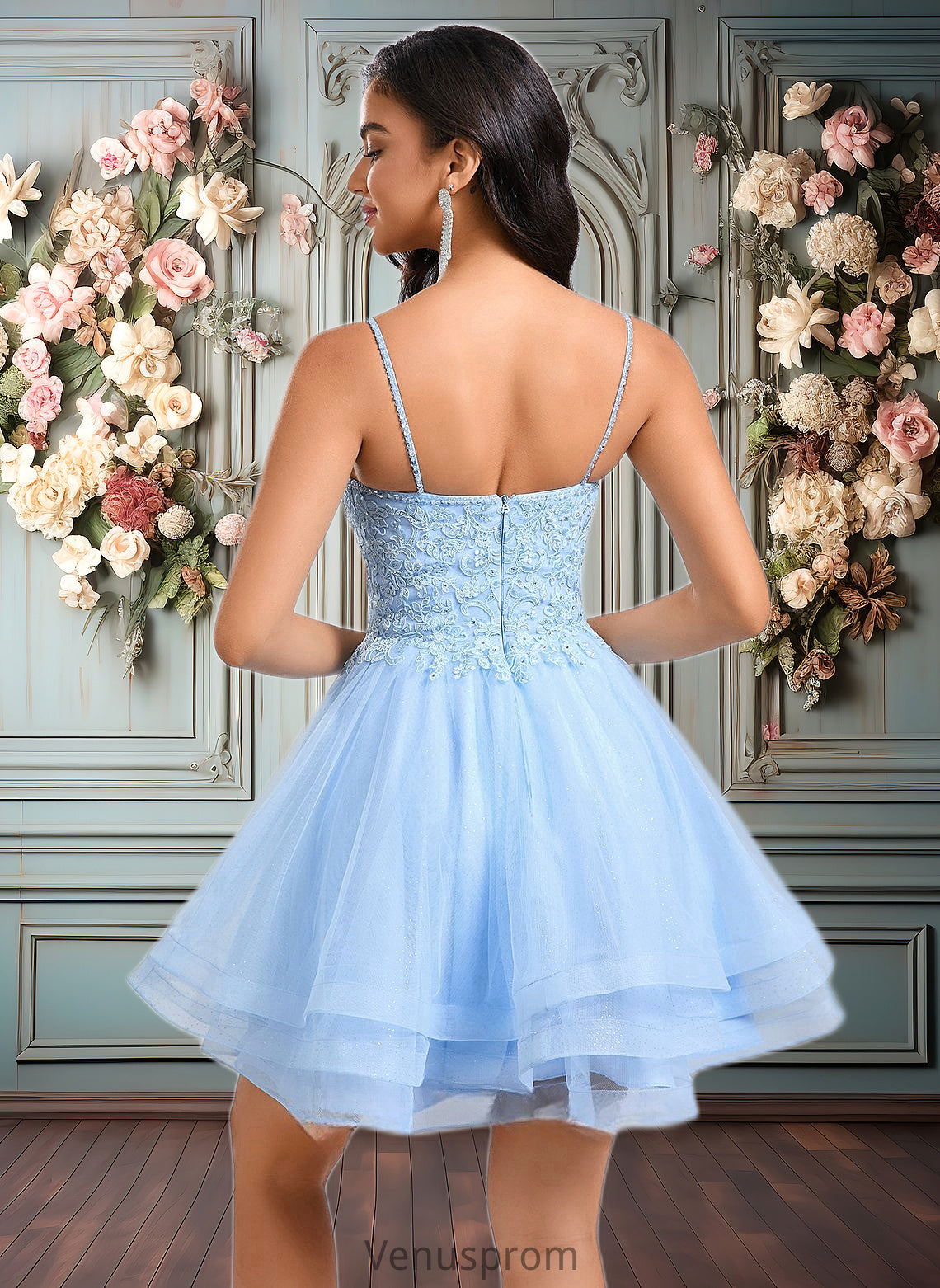 Cecilia A-line V-Neck Short Lace Tulle Homecoming Dress With Rhinestone Sequins HQP0025658