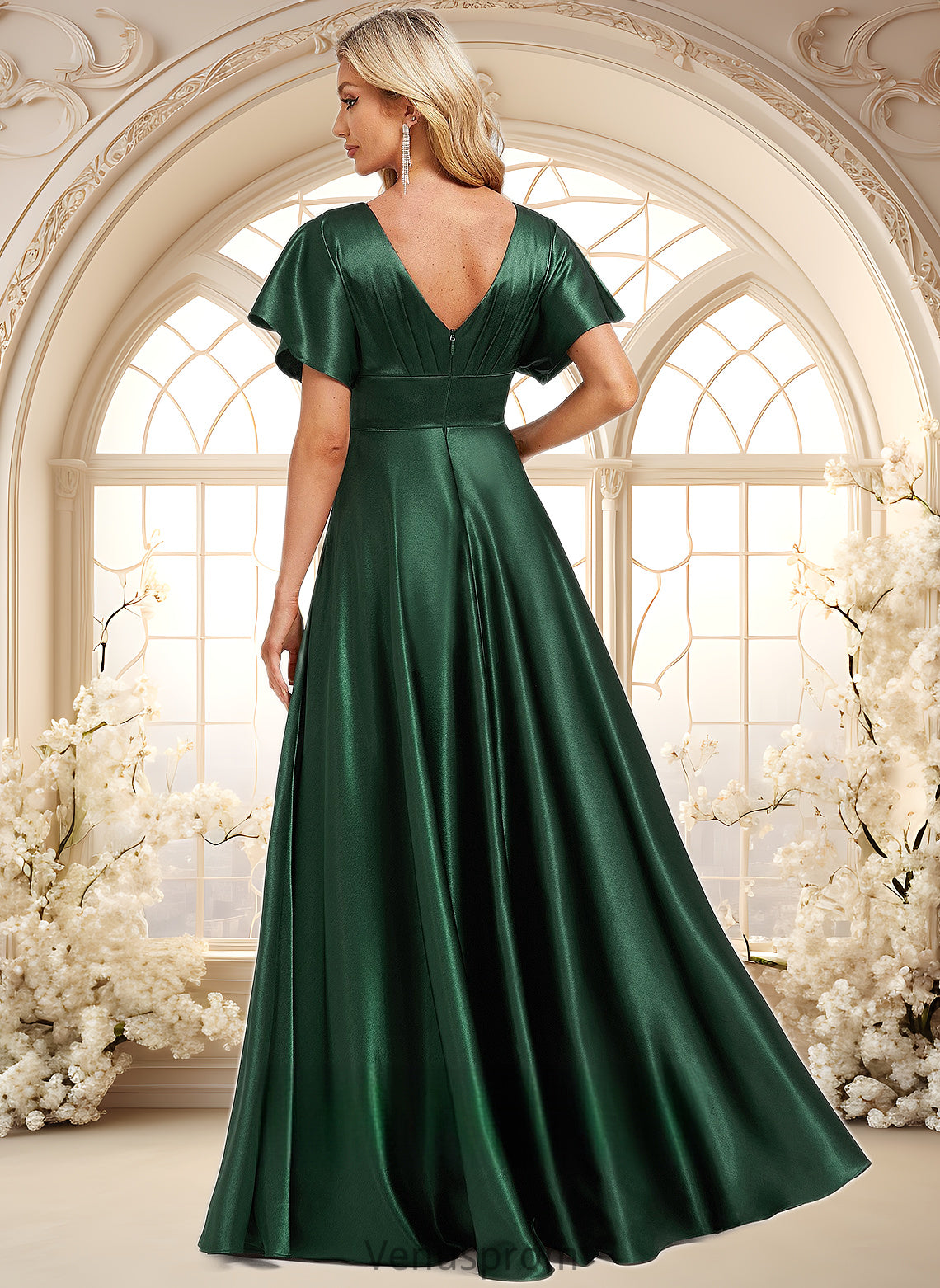 Addyson A-line V-Neck Floor-Length Stretch Satin Bridesmaid Dress HQP0025782