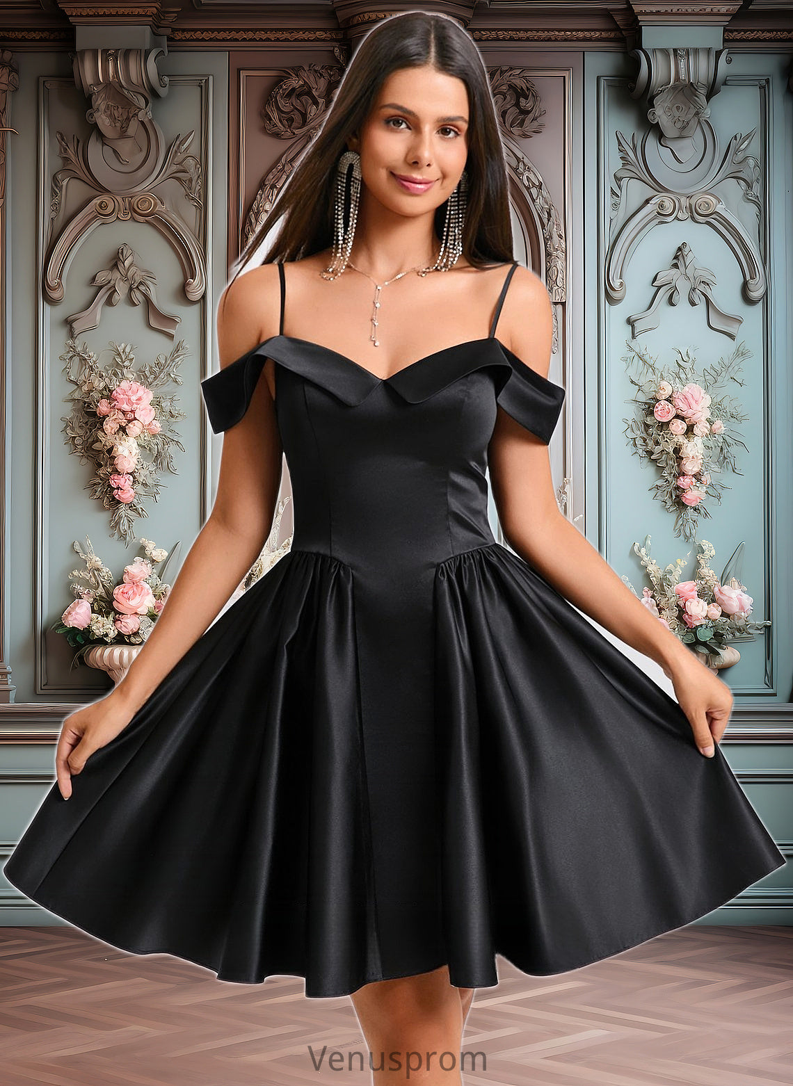 Cadence A-line Off the Shoulder Short Satin Homecoming Dress HQP0025704