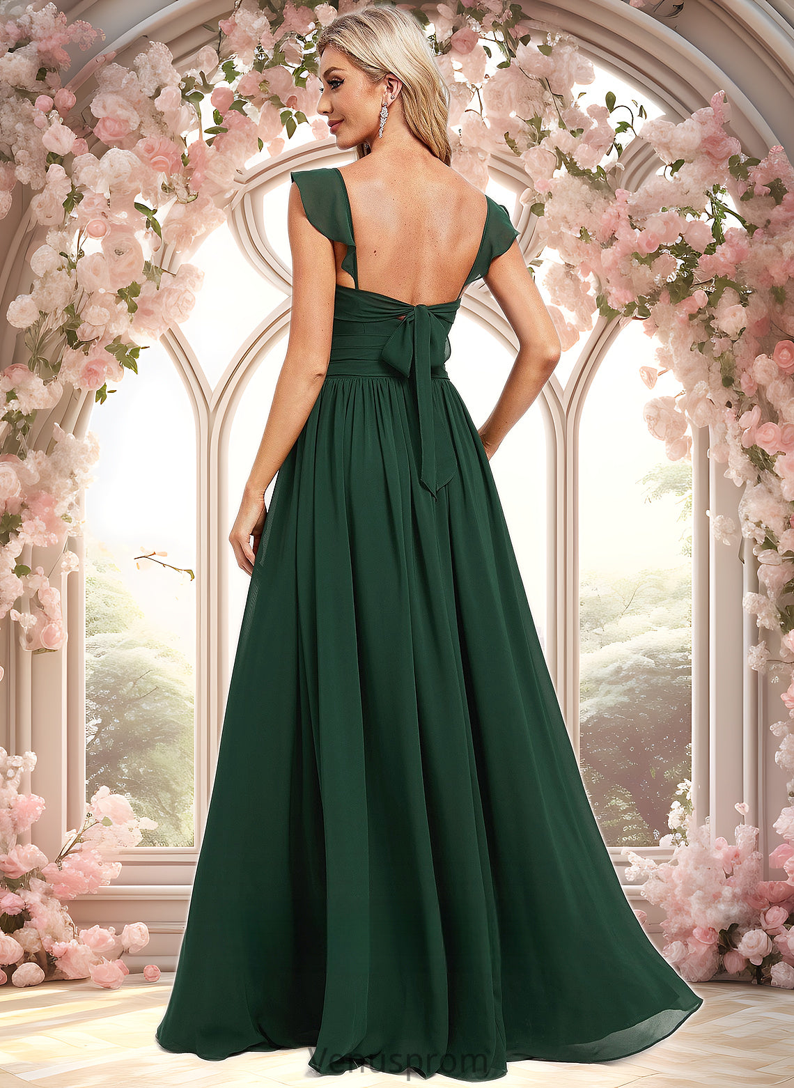 Jade A-line V-Neck Floor-Length Chiffon Bridesmaid Dress With Ruffle HQP0025811