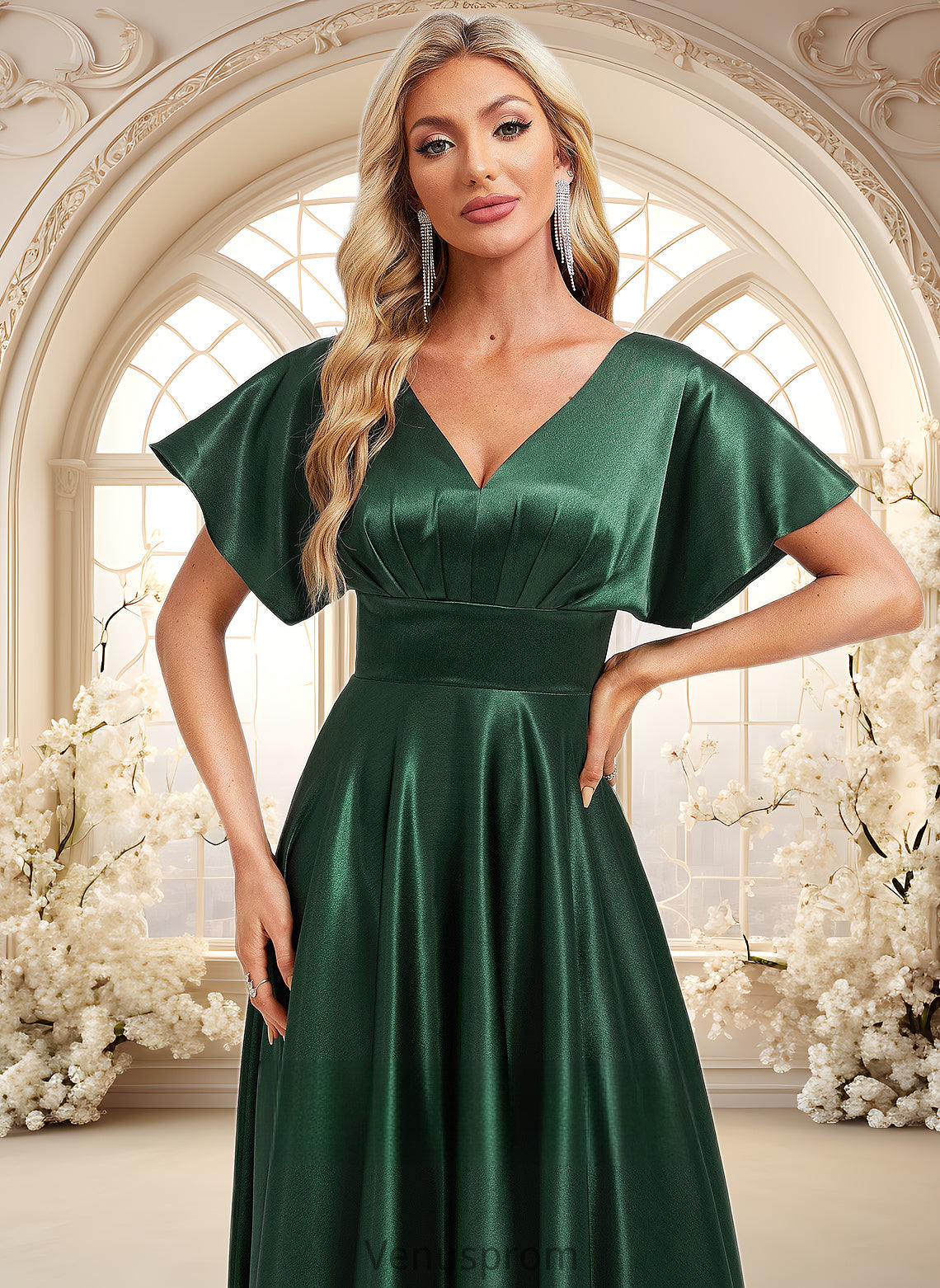 Addyson A-line V-Neck Floor-Length Stretch Satin Bridesmaid Dress HQP0025782