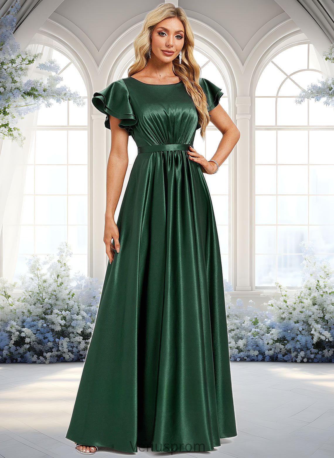 Lyla A-line Scoop Floor-Length Stretch Satin Bridesmaid Dress With Ruffle HQP0025770