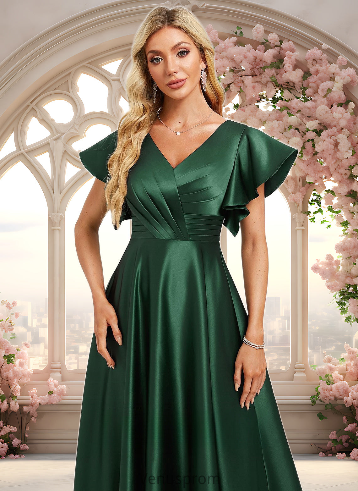 Sarai A-line V-Neck Floor-Length Satin Bridesmaid Dress With Ruffle HQP0025777