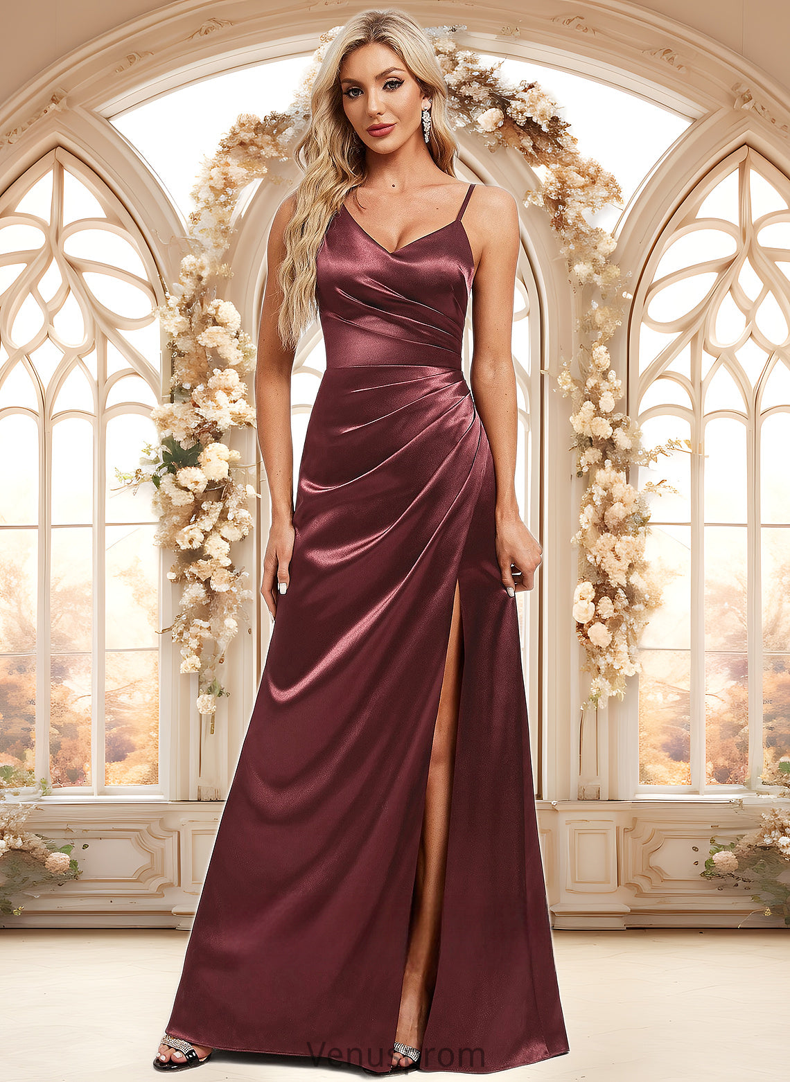 Catalina A-line Asymmetrical Floor-Length Stretch Satin Bridesmaid Dress HQP0025828