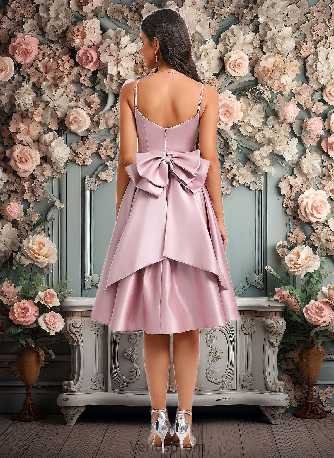 Charlotte A-line V-Neck Asymmetrical Satin Homecoming Dress With Bow Pleated HQP0025699