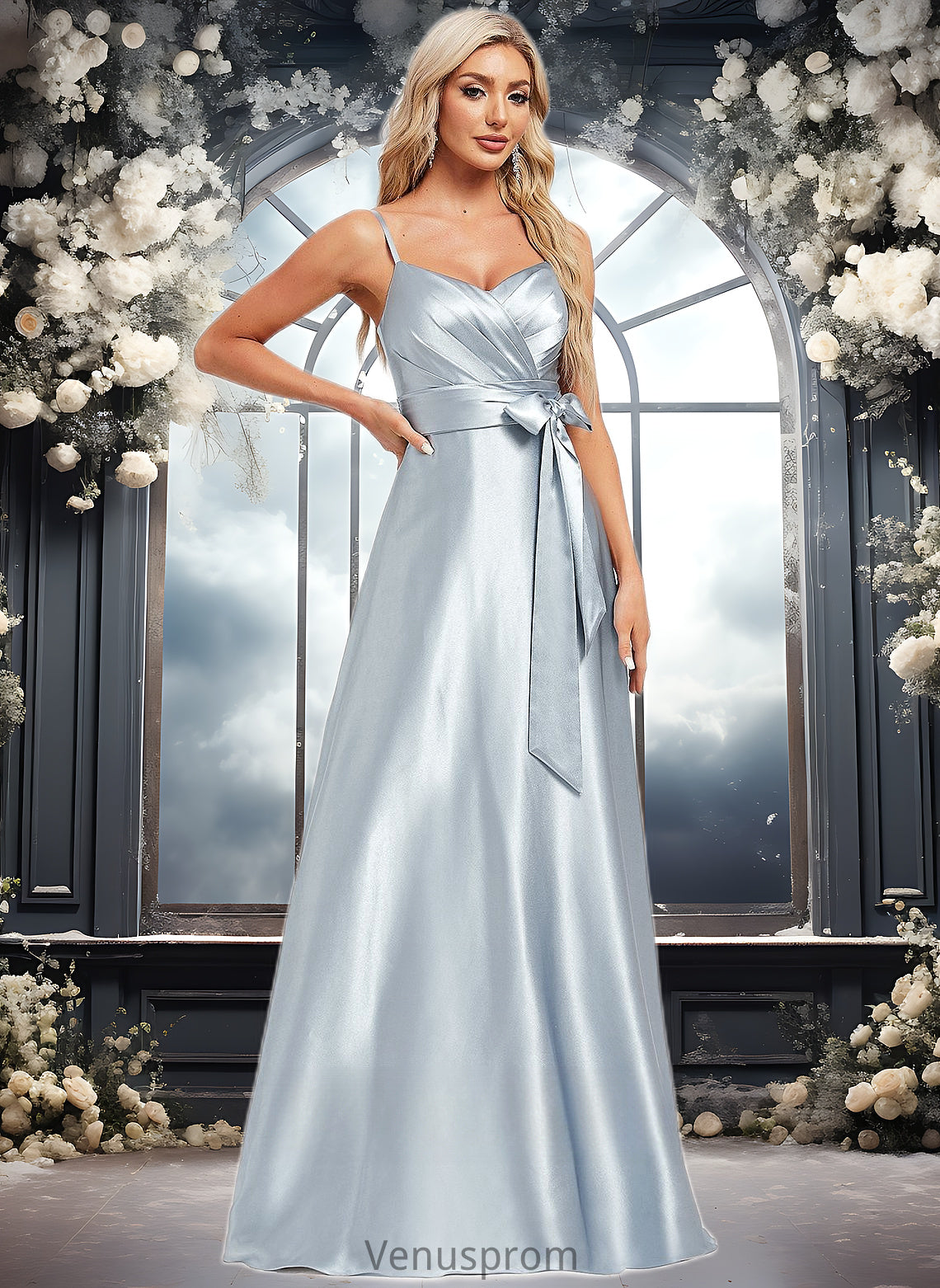 Trinity A-line V-Neck Floor-Length Stretch Satin Bridesmaid Dress HQP0025795