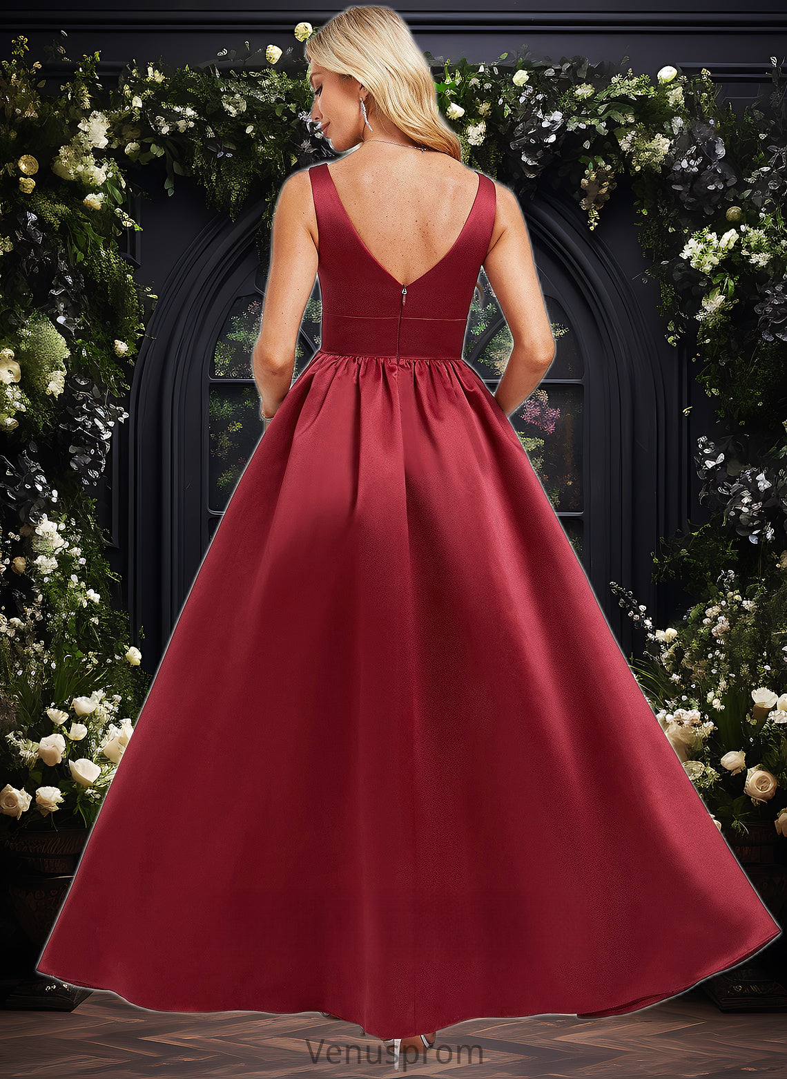 Meredith A-line V-Neck Floor-Length Satin Bridesmaid Dress HQP0025775