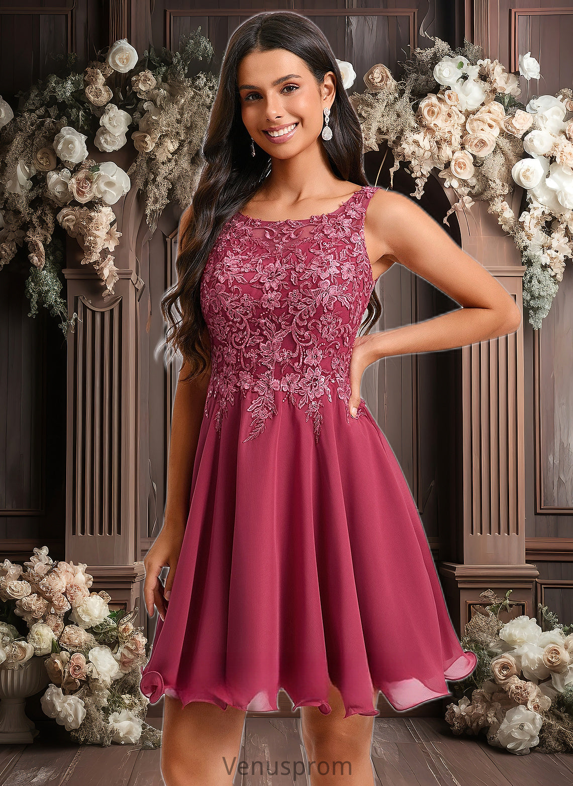 Quinn A-line Scoop Short Chiffon Homecoming Dress With Sequins Appliques Lace HQP0025681