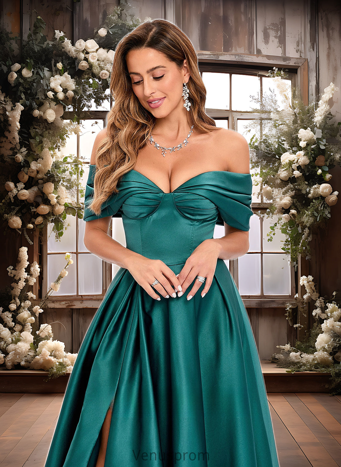 Cheryl A-line Off the Shoulder Floor-Length Satin Prom Dresses With Pleated HQP0025851