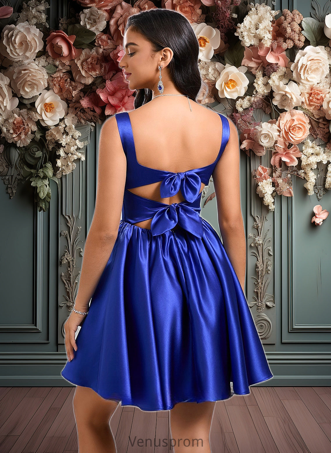 Tania A-line Square Short Satin Homecoming Dress With Bow HQP0025672