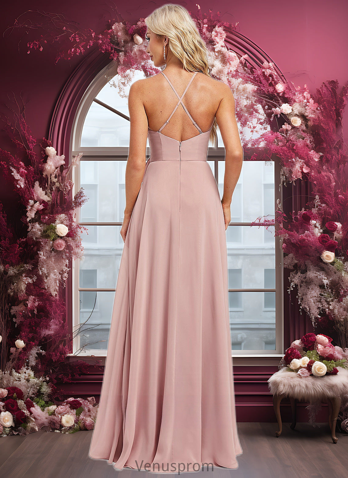 Dominique A-line Halter Floor-Length Chiffon Bridesmaid Dress HQP0025821