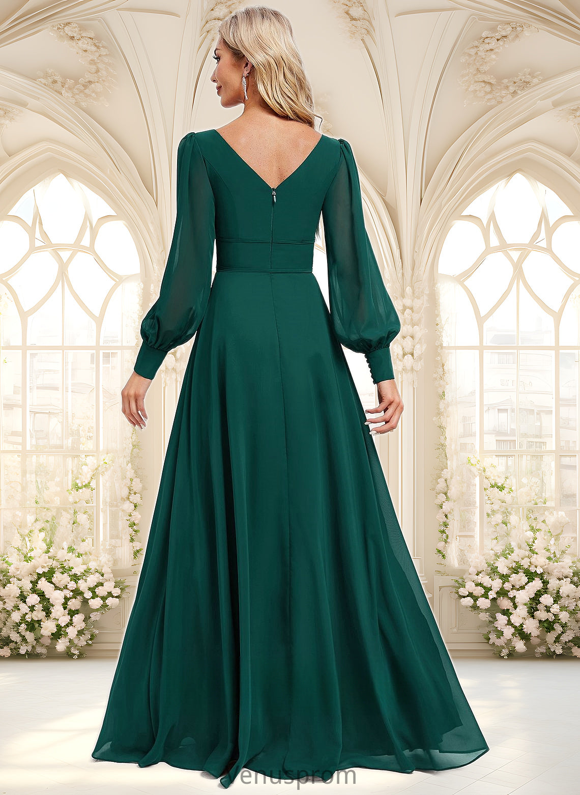 Blanche A-line V-Neck Floor-Length Chiffon Bridesmaid Dress HQP0025816