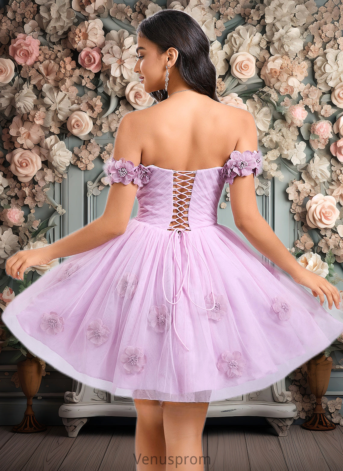 Adrienne Ball-Gown/Princess Off the Shoulder Short Tulle Homecoming Dress With Pleated Flower HQP0025668