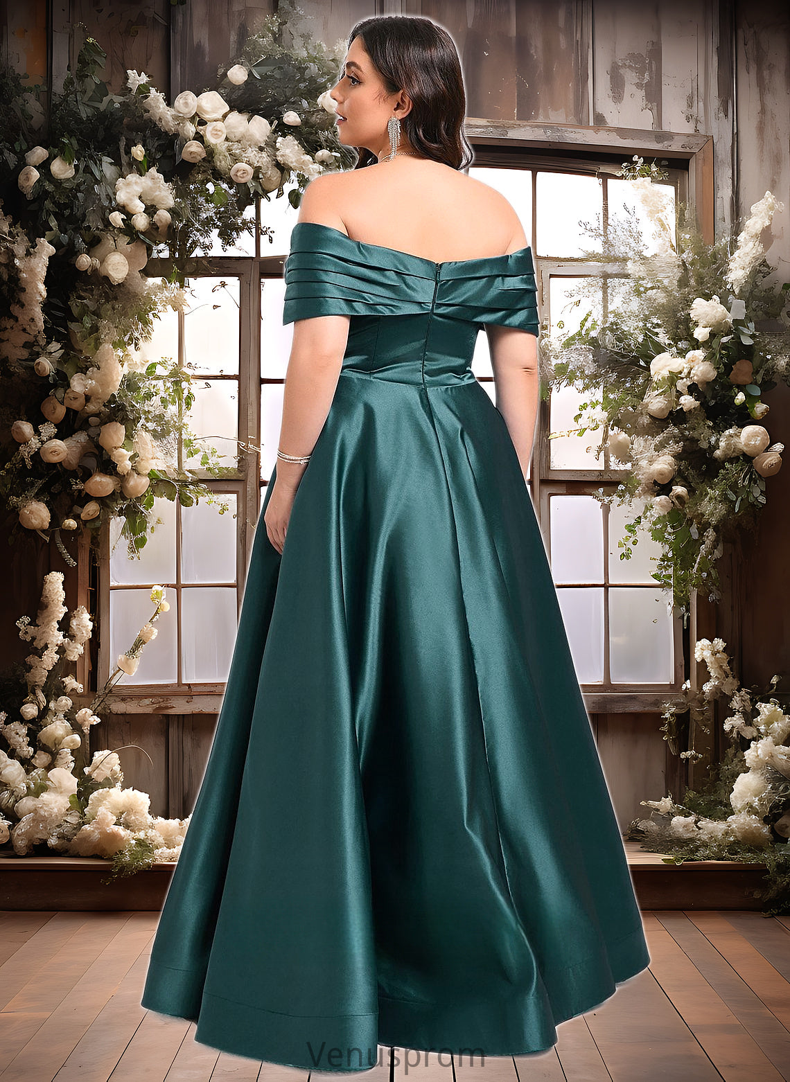 Cheryl A-line Off the Shoulder Floor-Length Satin Prom Dresses With Pleated HQP0025851